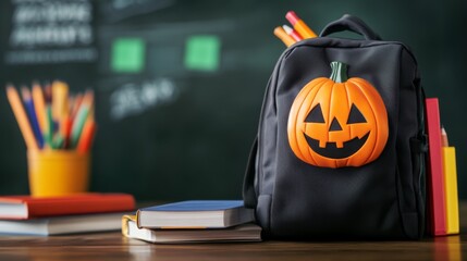 School backpack decorated with Halloween pumpkin beside books and pencils in classroom. Halloween themed back to school concept. All Hallows Eve, Samhain