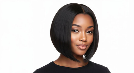 African American woman with sleek black bob haircut on white background. Professional hair straightening and styling demonstration for salon cutting services