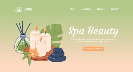 Spa landing page template. Serene design with burning aromatherapy candles, smooth massage stones and tropical leaves. Hand drawn vector illustration.