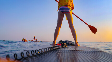 young girl  riding  on sup surfing in the sea