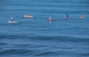 Company of young people  riding  on sup surfing in the sea at summer day