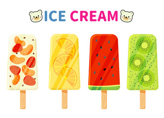 フルーティーなアイスキャンディー4本：フルーツミルク、オレンジ、スイカ、キウイ