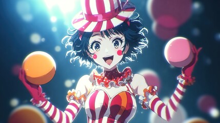 A joyful anime girl, clown-like attire (red & white stripes, hat), large eyes, open mouth smile, juggling vibrant oranges & pinks, sparkles, bokeh background