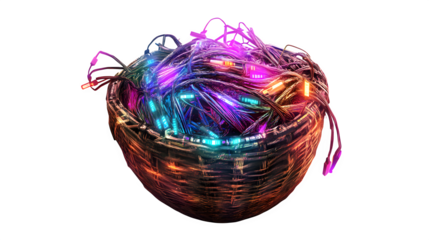 Cyberpunk illustration of a traditional woven basket (global craft style) overflowing with glowing data cables and neon connectors, isolated on Transparent background