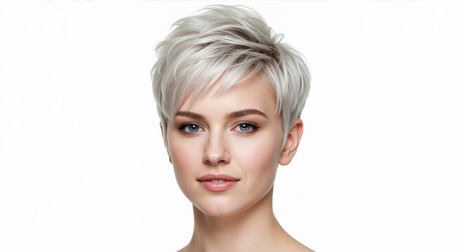 Woman with platinum blonde pixie haircut on white background. Short hair cutting and bleaching demonstration for salon platinum coloring and pixie styling services