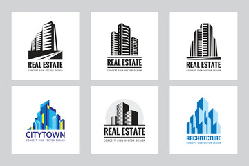 Real Estate - vector logo set concept design. Modern buildings icon sign collection. Creative illustration. Abstract city. 