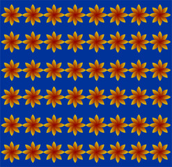 A vibrant pattern of radiant orange-gold flowers arranged in symmetrical horizontal rows against a bold royal blue background, evoking elegance, tradition, and festive harmony.