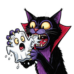 Vampire Cat Scaring Ghost – Halloween Lowbrow Cartoon Art