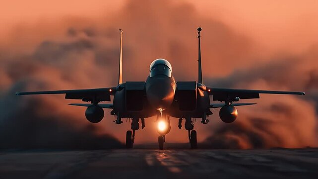 Fighter Jet Aircraft on Runway During Sunset with Orange Sky and Heavy Smoke Pixelated Modern Jet Plane Front View and Strong Atmospheric Lighting