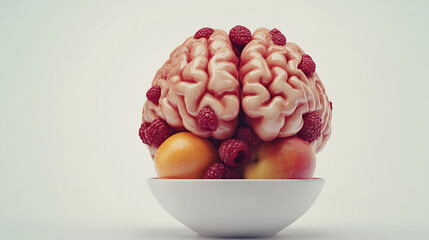 Brain Sculpture Adorned with Fresh Berries and Fruits in a Bowl