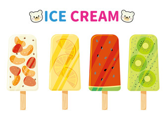 フルーティーなアイスキャンディー4本：フルーツミルク、オレンジ、スイカ、キウイ