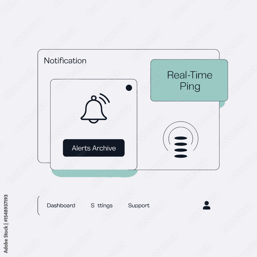 Poster white grey and teal user interface design showing notification alerts archive real time ping dashboa