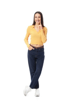 Fototapeta Young woman with beautiful smile on white background