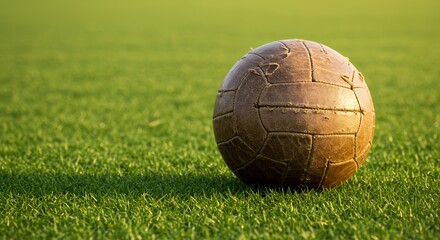 Vintage Leather Football on Lush Green Grass at Golden Hour