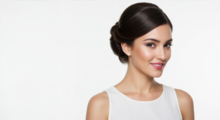 Woman with sleek low chignon bun profile view on white background. Classic updo styling demonstration for salon formal and bridal hair arrangement services