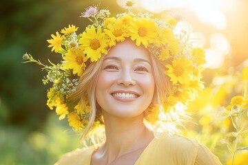 Happy stunning asian midlife woman with blond hair wearing yellow flower circlet on her head. Sunny daylight. Happy sunny days layout. Happy woman on vacation. Boho-chic summer portrait.