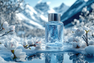 Calm Winter Landscape with Space for Skincare Serum Bottle