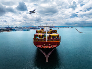 plane logistic and cargo container ship sailing in sea  import export goods and distributing...