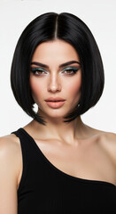 Woman with black straight bob haircut and green eyeshadow on white background. Classic chin length hairstyle with center part for salon styling and beauty services