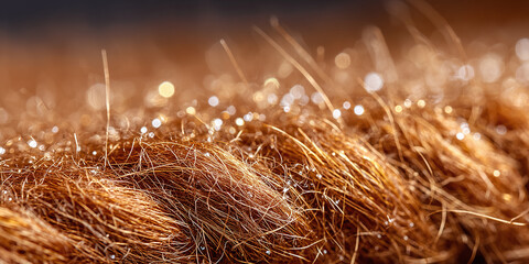 Extreme macro photo of golden fibers with glistening highlights, creating an abstract organic texture with shimmer and depth.