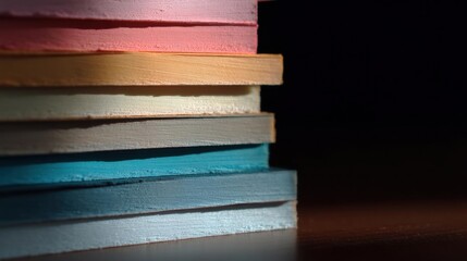 Stack of colorful books on a wooden surface.