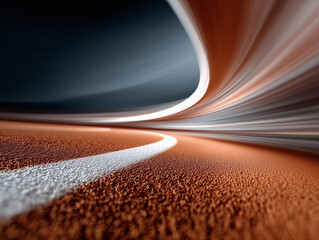 A dynamic abstract image of a red rubber running track with white line, enhanced by streaks of motion and dramatic lighting.