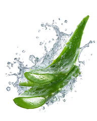 Succulent Aloe Vera Leaf Cross Section with Transparent Water Splash on Black Background