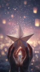 A magical scene of two hands presenting a glittering paper origami star, with lanterns and glowing bokeh lights in background.