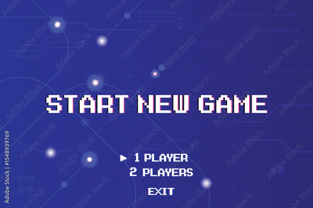 Poster Start new game with player selection or exit. Modern trendy game background with lighting effect. Circuit background.
