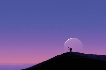 Silhouetted telescope atop a rocky hill pointing at a glowing crescent moon in twilight sky, with city lights far below.