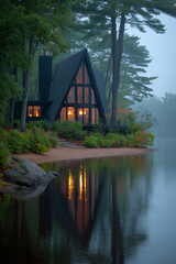 A cozy black A-frame cabin glows warmly at dusk on the edge of a misty forest lake surrounded by pine trees and reflection.