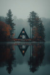 A cozy black A-frame cabin glows warmly at dusk on the edge of a misty forest lake surrounded by pine trees and reflection.
