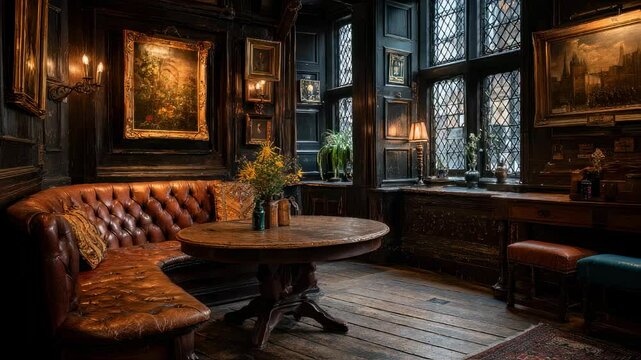 Interior of an old luxurious room with a leather couch, table, and decorative objects