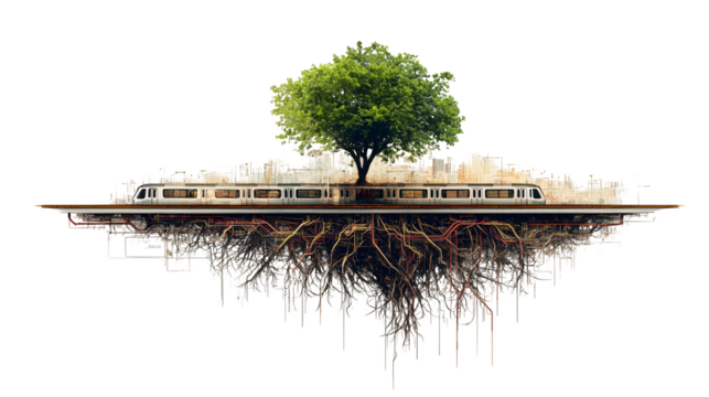 Hyperdetailed illustration of a tree's root system underground, morphing into a complex subway map with glowing lines, isolated on Transparent background