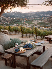 Wooden table at vineyard at sunset with wine glass, bottle, grapes, and cheese plate under warm string lights for outdoor dining.