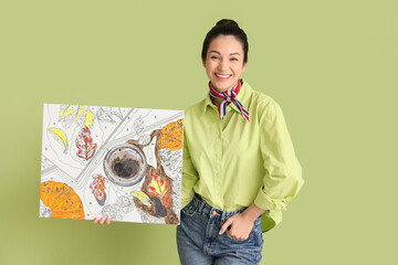 Young woman with painting by numbers on green background