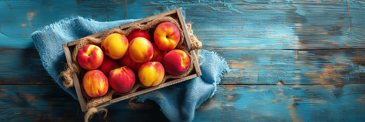 Top-down view of fresh peaches in a crate over rustic burlap on a painted blue wooden surface, capturing a vibrant farmhouse aesthetic.