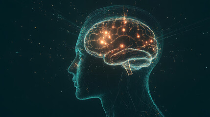 Illuminated Brain within a Human Head Silhouette