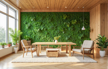 Modern eco friendly living room interior with vertical green wall garden, wooden furniture and large window for natural bright light