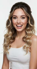 Naklejka premium Woman with blonde ombre wavy long hair with side twist on white background. Layered hairstyle with golden highlights for salon color transformation and styling services