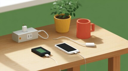 Naklejka premium Realistic Depiction of Desk with Gadgets and Accessories Overwhelmed