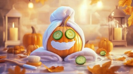 Pumpkin character with cucumber mask and towel on head, spa relaxation halloween concept. Fall season skincare and self care. All Hallows Eve, Samhain