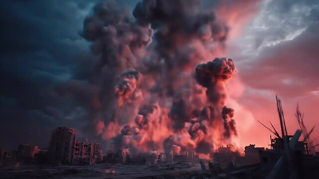 Dramatic Smoky Sky Over Distant Ruined Cityscape With Dense Clouds at Sunset Offering a Post Apocalyptic Scenario