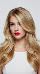 Naklejka premium Woman with long blonde wavy hair with highlights and red lipstick on light background. Hair coloring and styling demonstration for salon balayage services