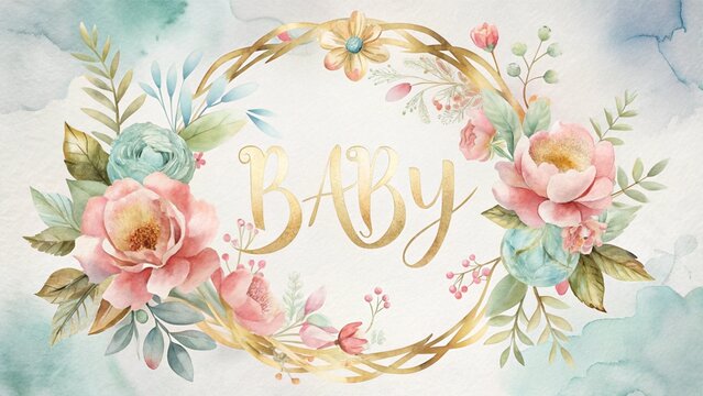 A watercolor floral wreath with "BABY" in gold lettering, ideal for baby shower invitations or blogs about newborns.
- Powered by Adobe
