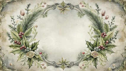 A rustic Christmas wreath frame with pine, holly, berries, and faint roses. Ideal for holiday greetings, winter season, or vintage-themed event websites and blogs.

