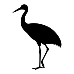 A striking black silhouette of a heronlike bird against a white background