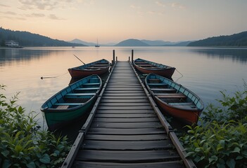 Fototapeta premium serene early morning lake scene with boats docked along a wooden pier surrounded by mountains and calm water