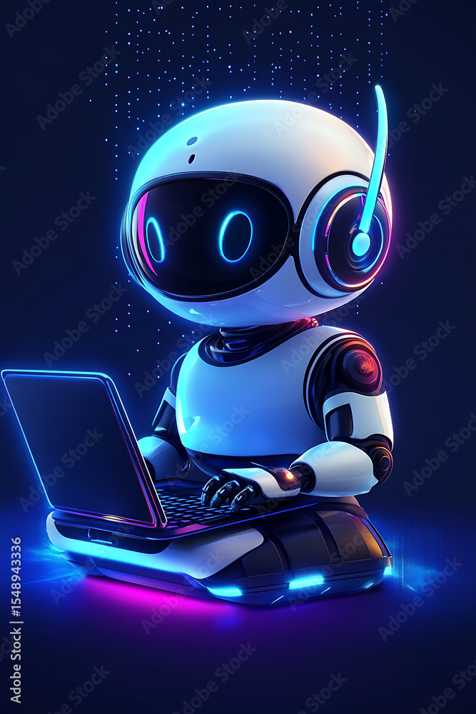 Poster a futuristic robot seated at a laptop, engaged in coding while digital data streams in the backgroun
