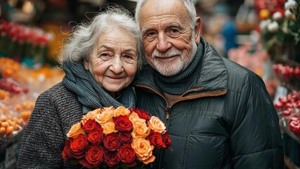 Elderly caucasian couple embracing with flowers in vibrant marketplace setting. The 14th of February. Happy Valentine's Day - Powered by Adobe